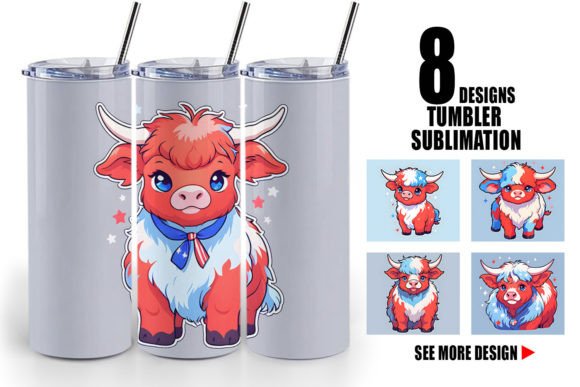 Highland Cow 4th July Tumbler Wrap Designs